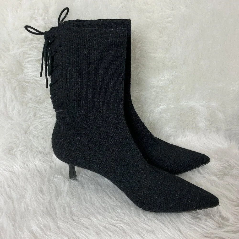 Vivaia Phoebe Kitten Heel Black Pointed Toe Lace Up Bootie Heels EU 42 US 10.5